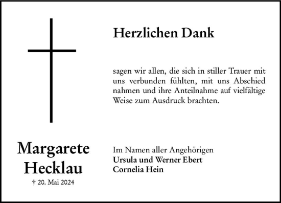 Traueranzeige von Margarete Hecklau von Allgemeine Zeitung Mainz