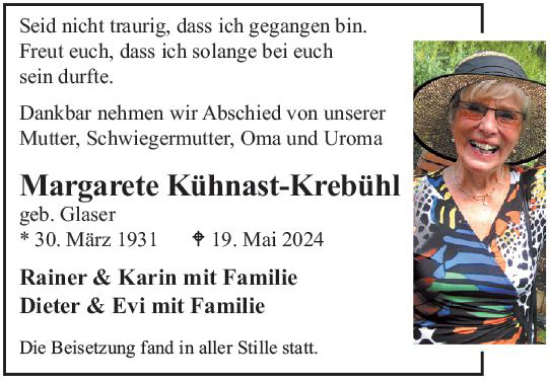 Traueranzeige von Margarete Kühnast-Krebühl von Allgemeine Zeitung Mainz