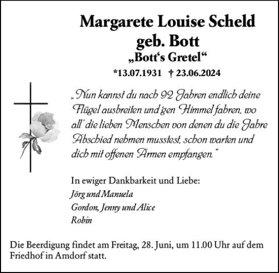 Traueranzeige von Margarete Louise Scheld von Dill Block