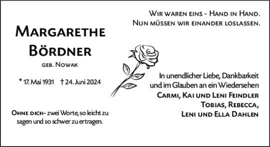 Traueranzeige von Margarethe Bördner von Weilburger Tageblatt