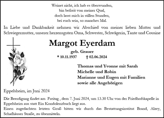 Traueranzeige von Margot Eyerdam von Allgemeine Zeitung Alzey