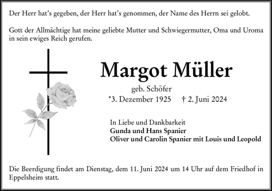 Traueranzeige von Margot Müller von Allgemeine Zeitung Alzey