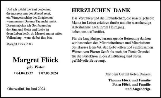 Traueranzeige von Margret Flöck von Wiesbadener Kurier