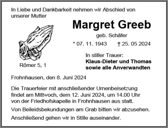 Traueranzeige von Margret Greeb von Dill Block