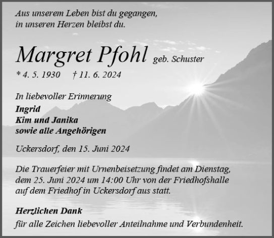 Traueranzeige von Margret Pfohl von Dill Block