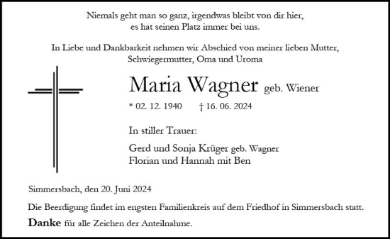 Traueranzeige von Maria Wagner von Dill Block