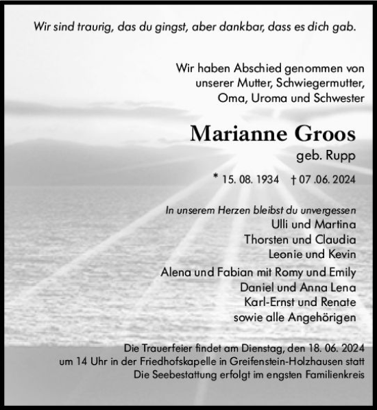 Traueranzeige von Marianne Groos von Wetzlarer Neue Zeitung