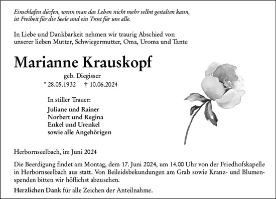 Traueranzeige von Marianne Krauskopf von Dill Block