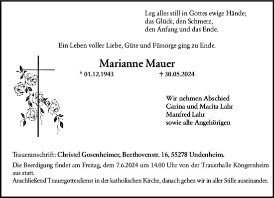 Traueranzeige von Marianne Mauer von Allgemeine Zeitung Mainz