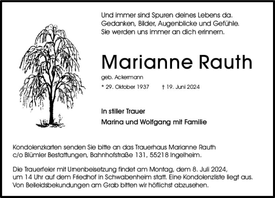 Traueranzeige von Marianne Rauth von Allgemeine Zeitung Bingen/Ingelheim