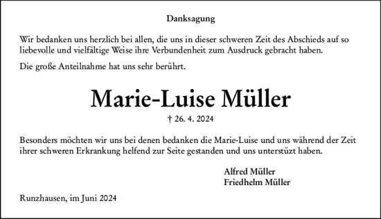 Traueranzeige von Marie-Luise Müller von Hinterländer Anzeiger