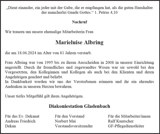 Traueranzeige von Marieluise Albring von Hinterländer Anzeiger