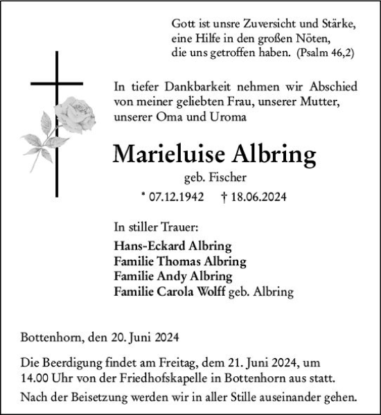 Traueranzeige von Marieluise Albring von Hinterländer Anzeiger