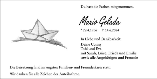 Traueranzeige von Mario Gelada von Wetzlarer Neue Zeitung