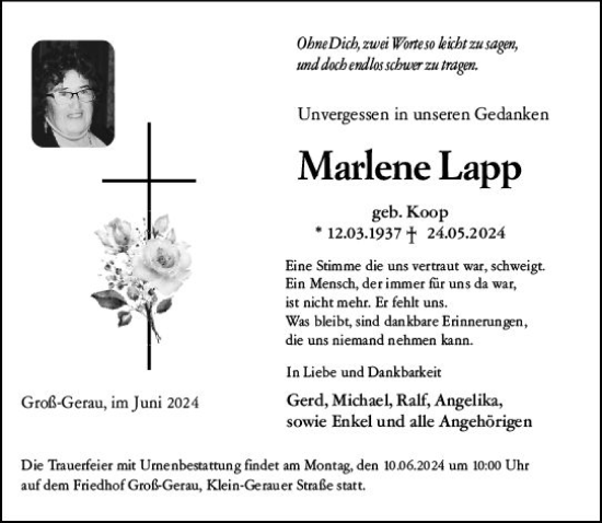 Traueranzeige von Marlene Lapp von Groß-Gerauer Echo