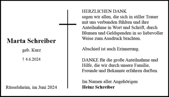 Traueranzeige von Marta Schreiber von Rüsselsheimer Echo