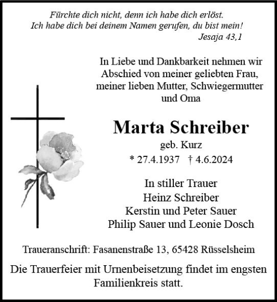 Traueranzeige von Marta Schreiber von Rüsselsheimer Echo