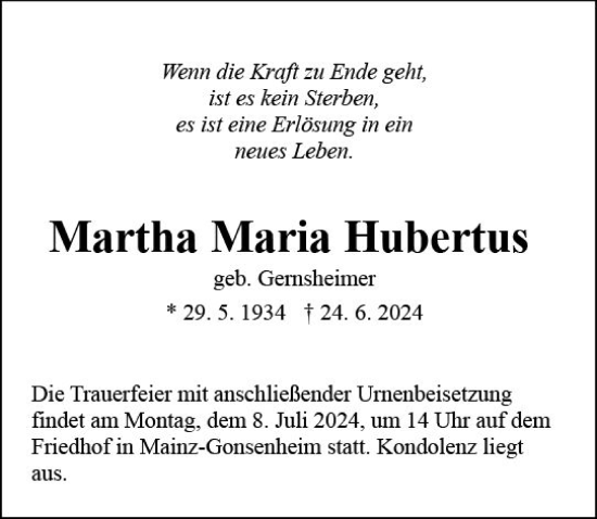 Traueranzeige von Martha Maria Hubertus von Allgemeine Zeitung Mainz