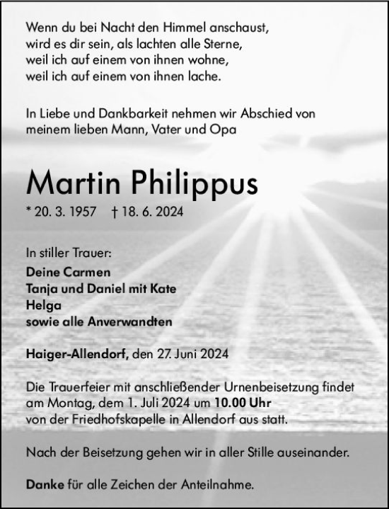 Traueranzeige von Martin Philippus von Dill Block