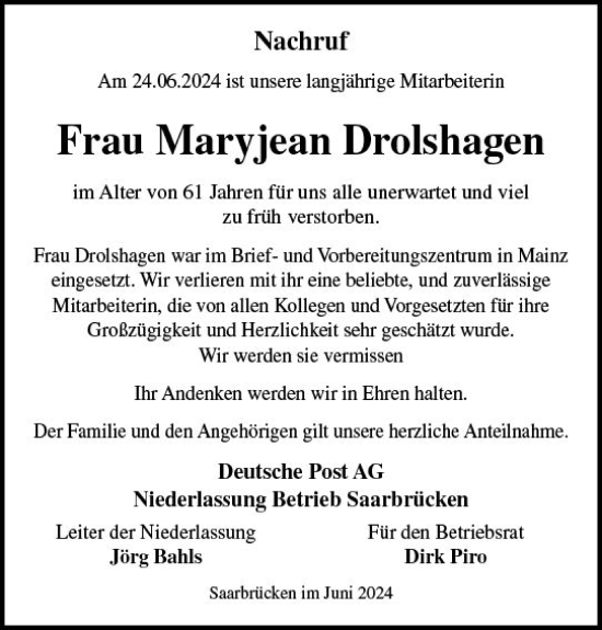Traueranzeige von Maryjean Drolshagen von Allgemeine Zeitung Mainz
