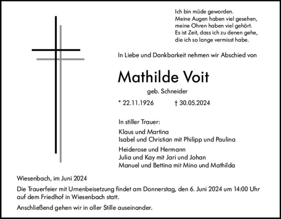 Traueranzeige von Mathilde Voit von Hinterländer Anzeiger