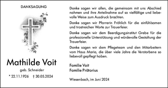 Traueranzeige von Mathilde Voit von Hinterländer Anzeiger