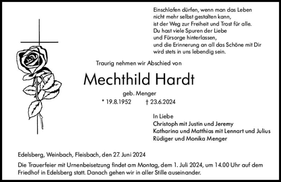 Traueranzeige von Mechthild Hardt von Weilburger Tageblatt