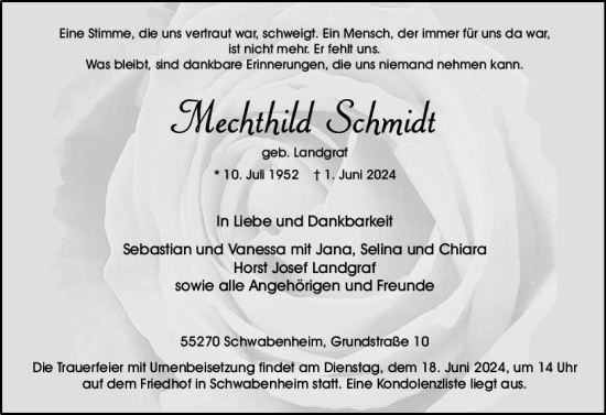 Traueranzeige von Mechthild Schmidt von Allgemeine Zeitung Bingen/Ingelheim
