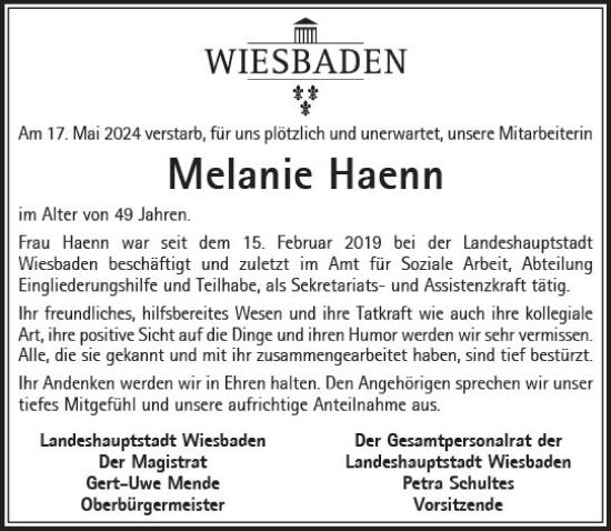 Traueranzeige von Melanie Haenn von Wiesbadener Kurier