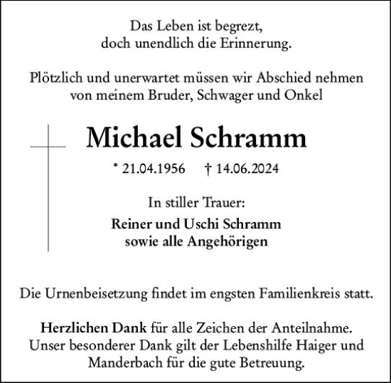 Traueranzeige von Michael Schramm von Dill Block