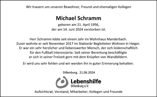 Traueranzeige von Michael Schramm von Dill Block
