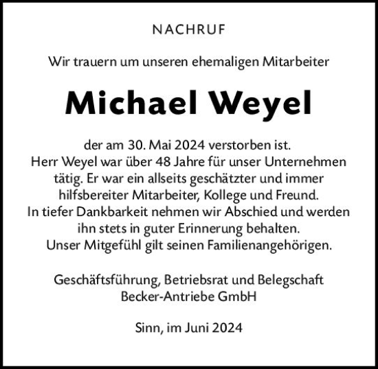 Traueranzeige von Michael Weyel von Dill Block