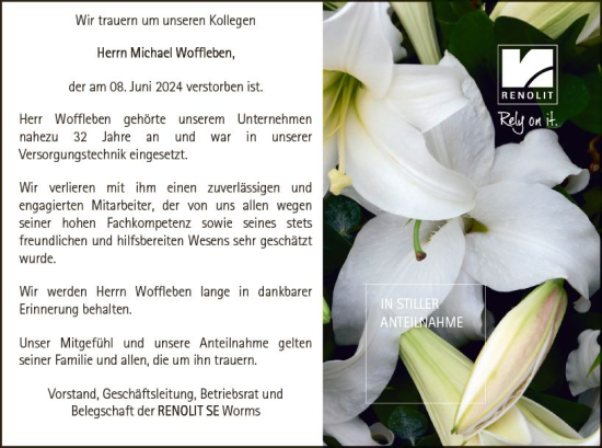 Traueranzeige von Michael Wolfleben von Wormser Zeitung