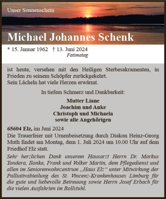 Traueranzeige von Michael Johannes Schenk von Nassauische Neue Presse