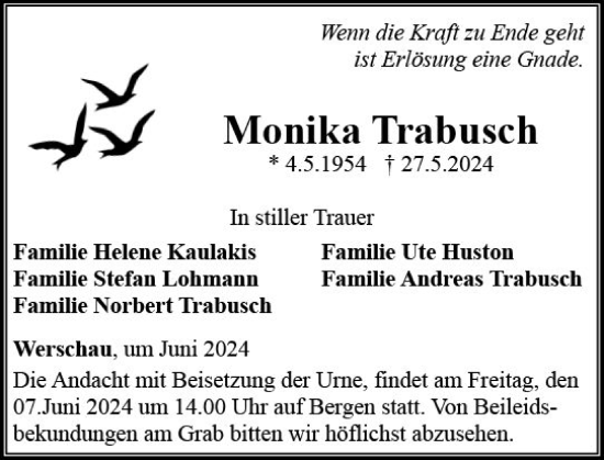 Traueranzeige von Monika Trabausch von Camberger Anzeiger