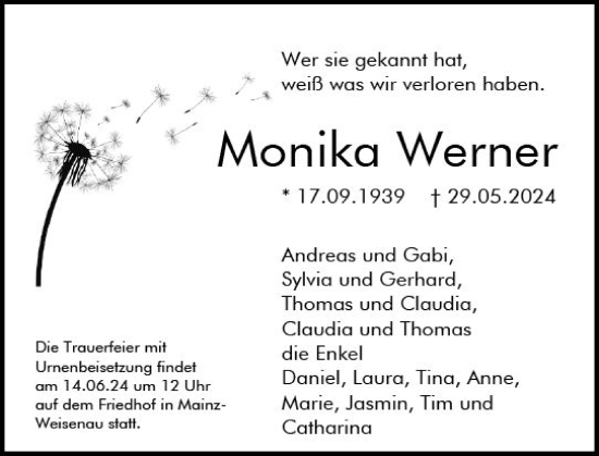 Traueranzeige von Monika Werner von Allgemeine Zeitung Mainz