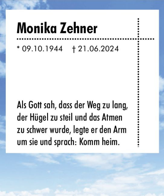 Traueranzeige von Monika Zehner von Allgemeine Zeitung Bingen/Ingelheim