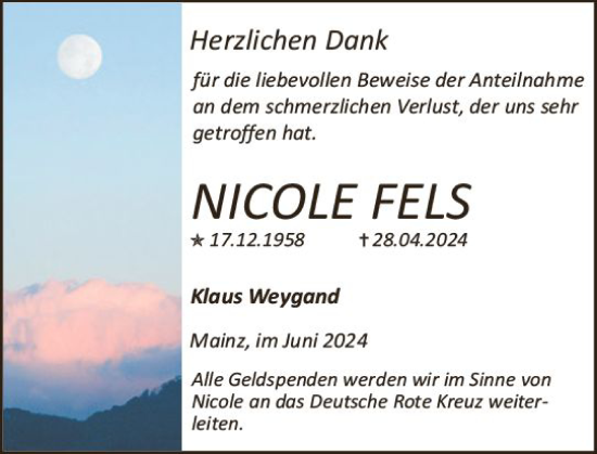 Traueranzeige von Nicole Fels von Allgemeine Zeitung Bingen/Ingelheim