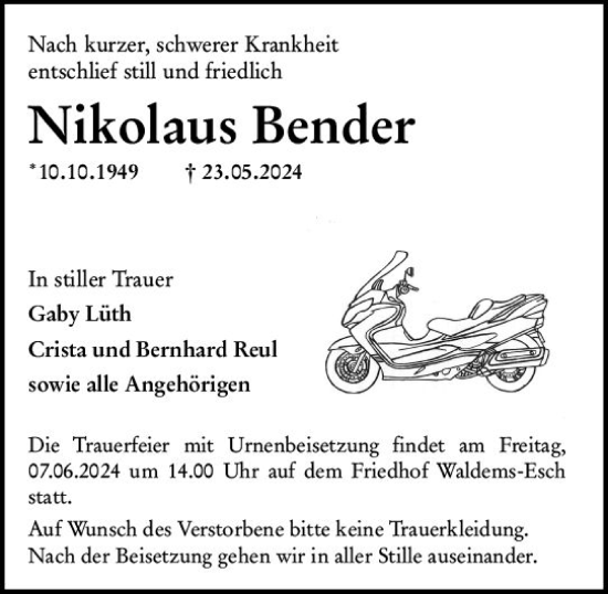 Traueranzeige von Nikolaus Bender von Camberger Anzeiger