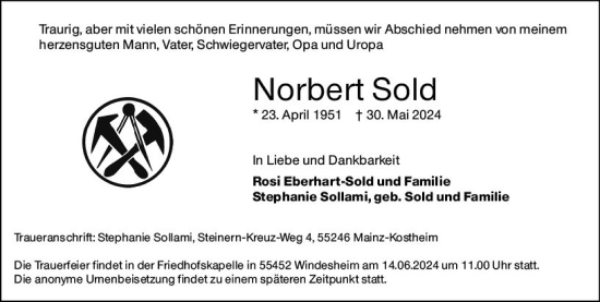 Traueranzeige von Norbert Sold von Allgemeine Zeitung Mainz