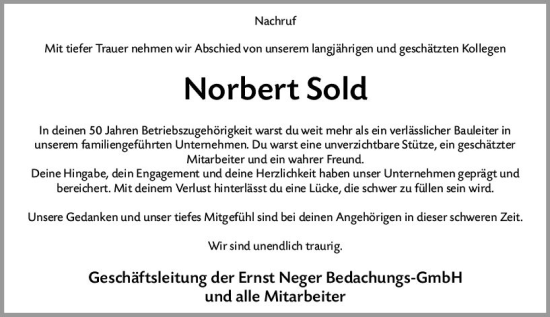 Traueranzeige von Norbert Sold von Allgemeine Zeitung Mainz