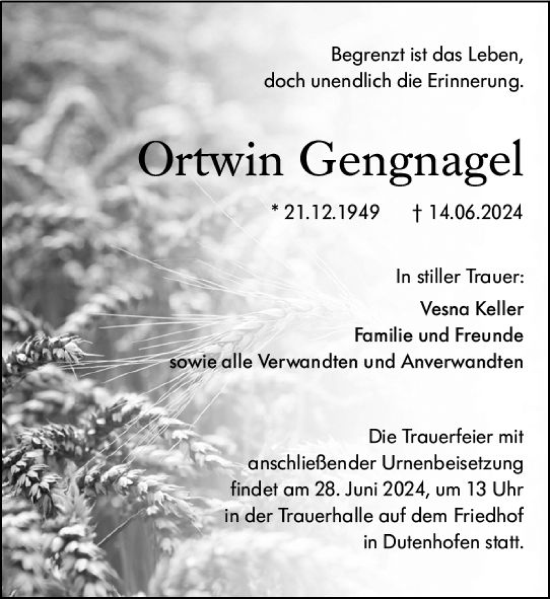 Traueranzeige von Ortwin Gengnagel von Wetzlarer Neue Zeitung