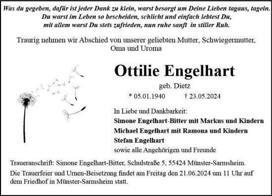 Traueranzeige von Ottilie Engelhart von Allgemeine Zeitung Bingen/Ingelheim