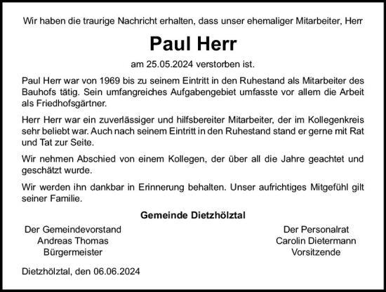 Traueranzeige von Paul Herr von Dill Block