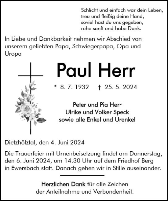 Traueranzeige von Paul Herr von Dill Block