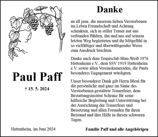 Traueranzeige von Paul Paff von Rheingau Kurier