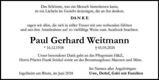 Traueranzeige von Paul Gerhard Weitmann von Allgemeine Zeitung Bingen/Ingelheim