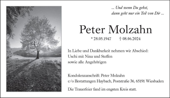 Traueranzeige von Peter Molzahn von Wiesbadener Kurier