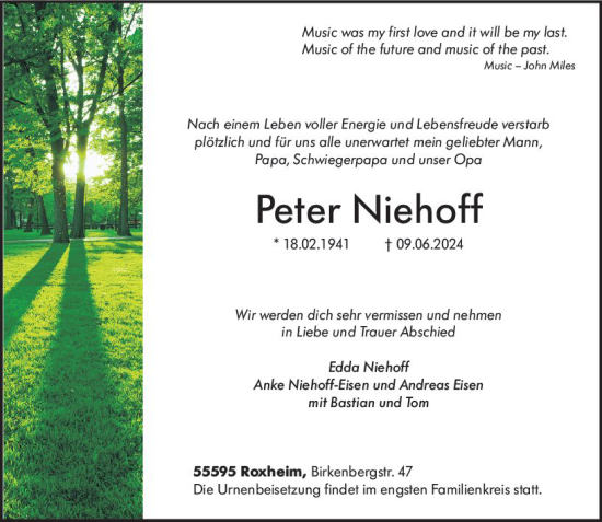 Traueranzeige von Peter Niehoff von Allgemeine Zeitung Bad Kreuznach