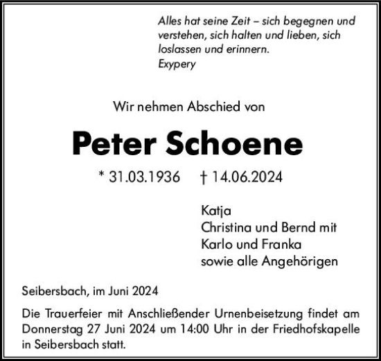 Traueranzeige von Peter Schoene von Allgemeine Zeitung Bingen/Ingelheim